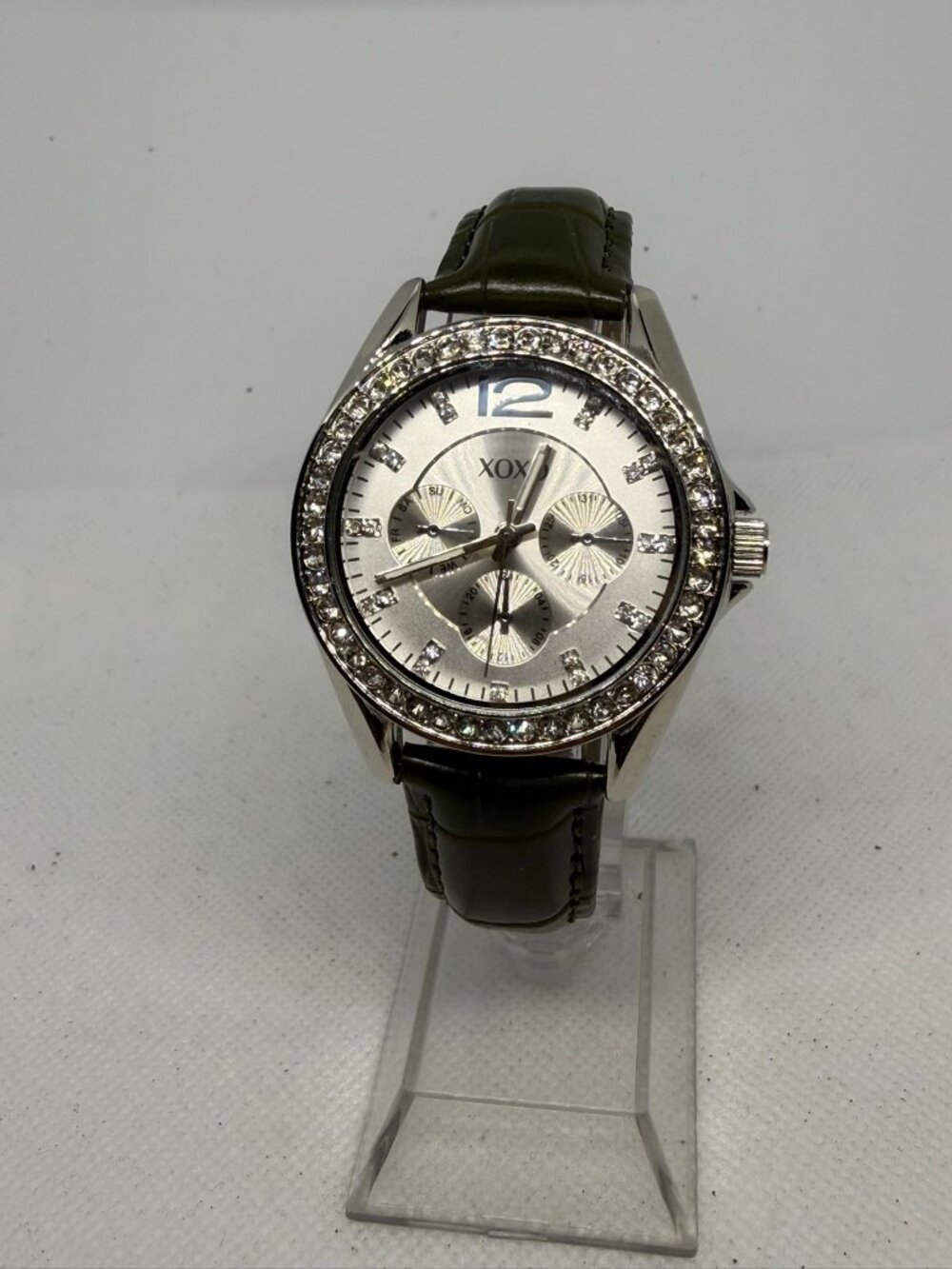 XOXO 3347 Women's 37mm Silver Crystal Bezel Faux Chrono Olive Green Band Watch - Picture 3 of 13
